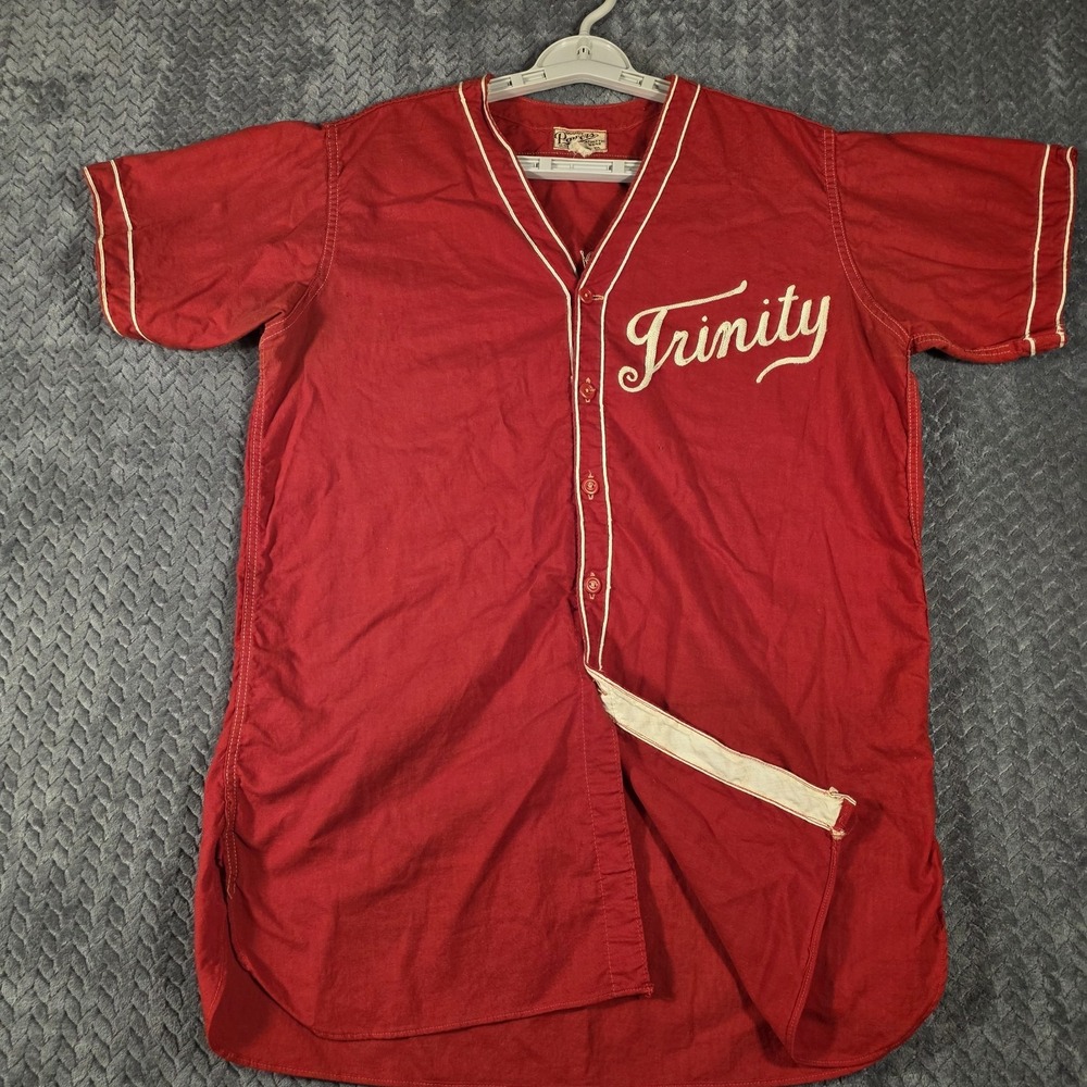 Vintage 1940s 50s Powers Trinity Baseball Jersey Men's Medium Red Chain Stitch